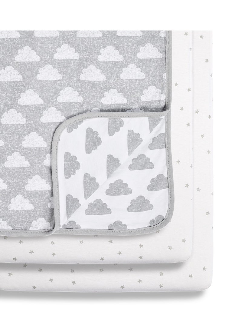 Snuz - 3 Pieces Crib Bedding Set For Infant And Baby, Perfect Crib Starter Bedding Bundle, 100%Cotton , 1 X Blanket , 2 X Crib Sheets, Fitted Sheet Size:44 X 80Cm (Max.) , Blanket Size: 75 X 75Cm - Cloud Nine - Image 1