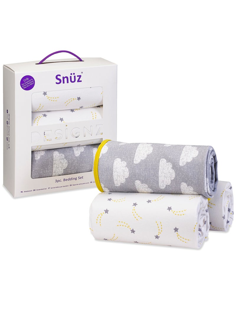 Snuz - 3 Pieces Crib Bedding Set For Infant And Baby, Perfect Crib Starter Bedding Bundle, 100%Cotton , 1 X Blanket , 2 X Crib Sheets, Fitted Sheet Size:44 X 80Cm (Max.) , Blanket Size: 75 X 75Cm - Cloud Nine - Image 1