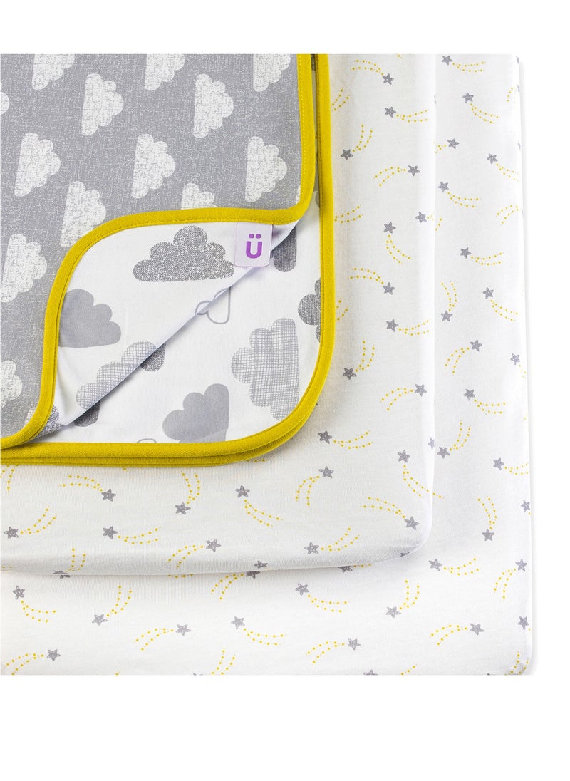 Snuz - 3 Pieces Crib Bedding Set For Infant And Baby, Perfect Crib Starter Bedding Bundle, 100%Cotton , 1 X Blanket , 2 X Crib Sheets, Fitted Sheet Size:44 X 80Cm (Max.) , Blanket Size: 75 X 75Cm - Cloud Nine - Image 1