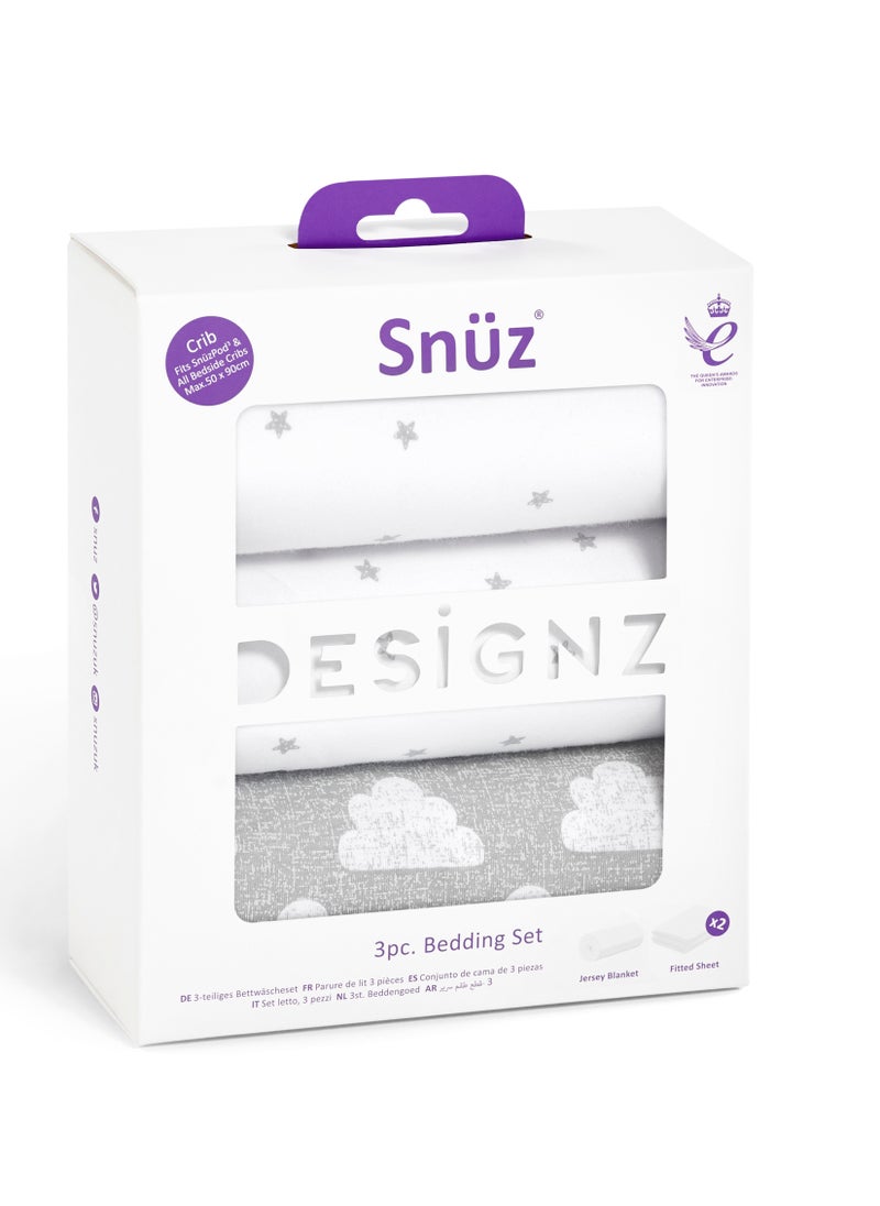 Snuz - 3 Pieces Crib Bedding Set For Infant And Baby, Perfect Crib Starter Bedding Bundle, 100%Cotton , 1 X Blanket , 2 X Crib Sheets, Fitted Sheet Size:44 X 80Cm (Max.) , Blanket Size: 75 X 75Cm - Cloud Nine - Image 1