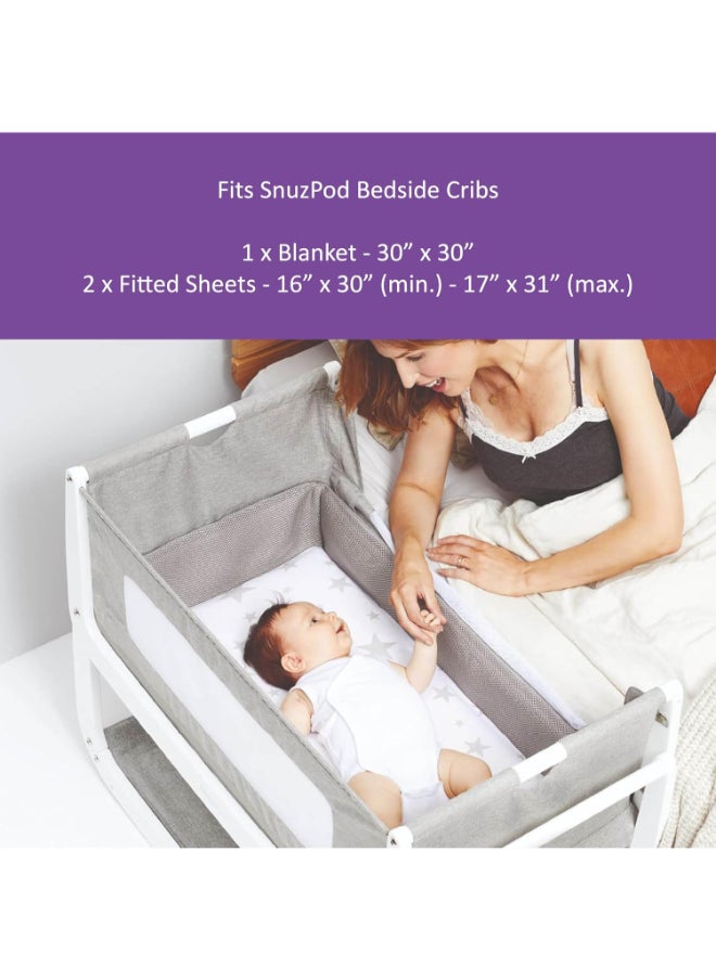 Snuz - 3 Pieces Crib Bedding Set For Infant And Baby, Perfect Crib Starter Bedding Bundle, 100%Cotton , 1 X Blanket , 2 X Crib Sheets, Fitted Sheet Size:44 X 80Cm (Max.) , Blanket Size: 75 X 75Cm - Cloud Nine - Image 1