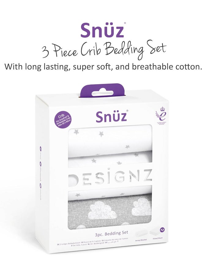 Snuz - 3 Pieces Crib Bedding Set For Infant And Baby, Perfect Crib Starter Bedding Bundle, 100%Cotton , 1 X Blanket , 2 X Crib Sheets, Fitted Sheet Size:44 X 80Cm (Max.) , Blanket Size: 75 X 75Cm - Cloud Nine - Image 1