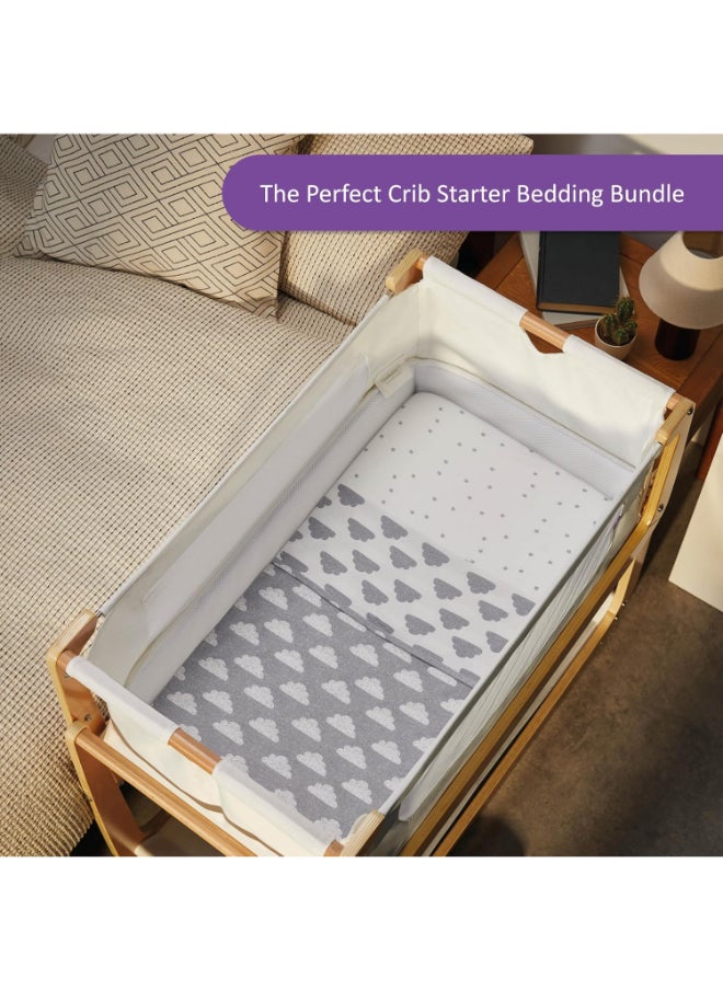 Snuz - 3 Pieces Crib Bedding Set For Infant And Baby, Perfect Crib Starter Bedding Bundle, 100%Cotton , 1 X Blanket , 2 X Crib Sheets, Fitted Sheet Size:44 X 80Cm (Max.) , Blanket Size: 75 X 75Cm - Cloud Nine - Image 1