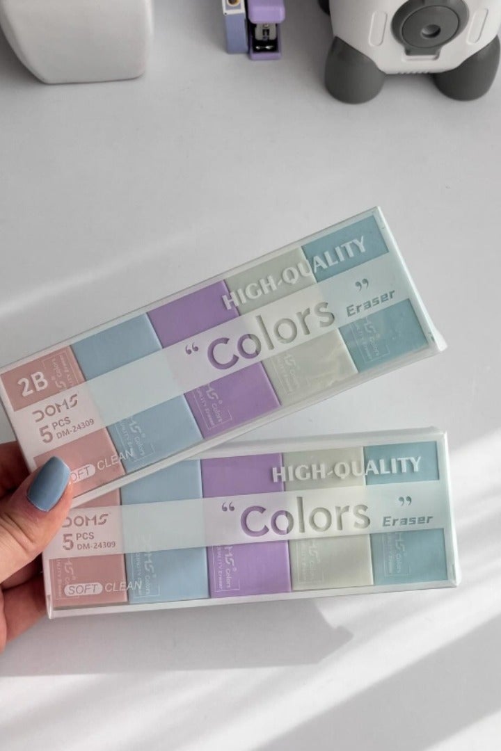 DOMS Colorful Plastic Eraser Set – 5 Pieces in Assorted Colors, Practical Design for Students and Artists - Image 3