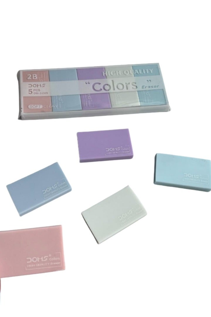 DOMS Colorful Plastic Eraser Set – 5 Pieces in Assorted Colors, Practical Design for Students and Artists - Image 2