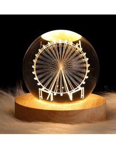 3D Crystal Crystal LED Light Up Crystal with Elegant Wooden Base, USB Powered Gift or Night Lamp for Desk and Table, Warm Light and Quiet Atmosphere (Rotating Wheel)