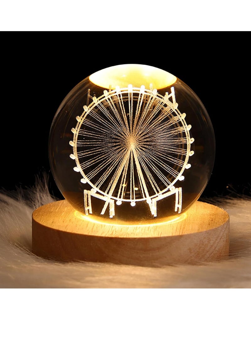 Plan A - 3D Crystal Crystal LED Light Up Crystal with Elegant Wooden Base, USB Powered Gift or Night Lamp for Desk and Table, Warm Light and Quiet Atmosphere (Rotating Wheel) - Image 1