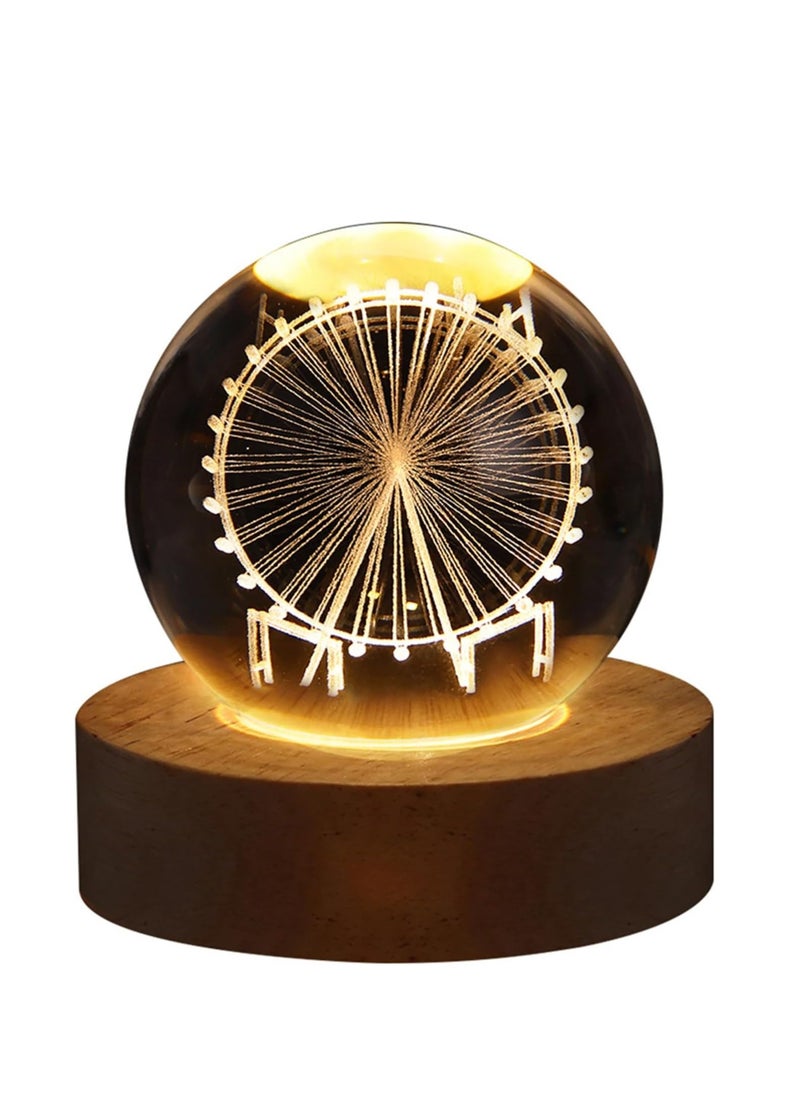 Plan A - 3D Crystal Crystal LED Light Up Crystal with Elegant Wooden Base, USB Powered Gift or Night Lamp for Desk and Table, Warm Light and Quiet Atmosphere (Rotating Wheel) - Image 1