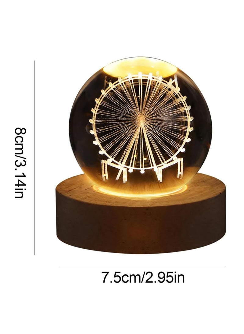 Plan A - 3D Crystal Crystal LED Light Up Crystal with Elegant Wooden Base, USB Powered Gift or Night Lamp for Desk and Table, Warm Light and Quiet Atmosphere (Rotating Wheel) - Image 1