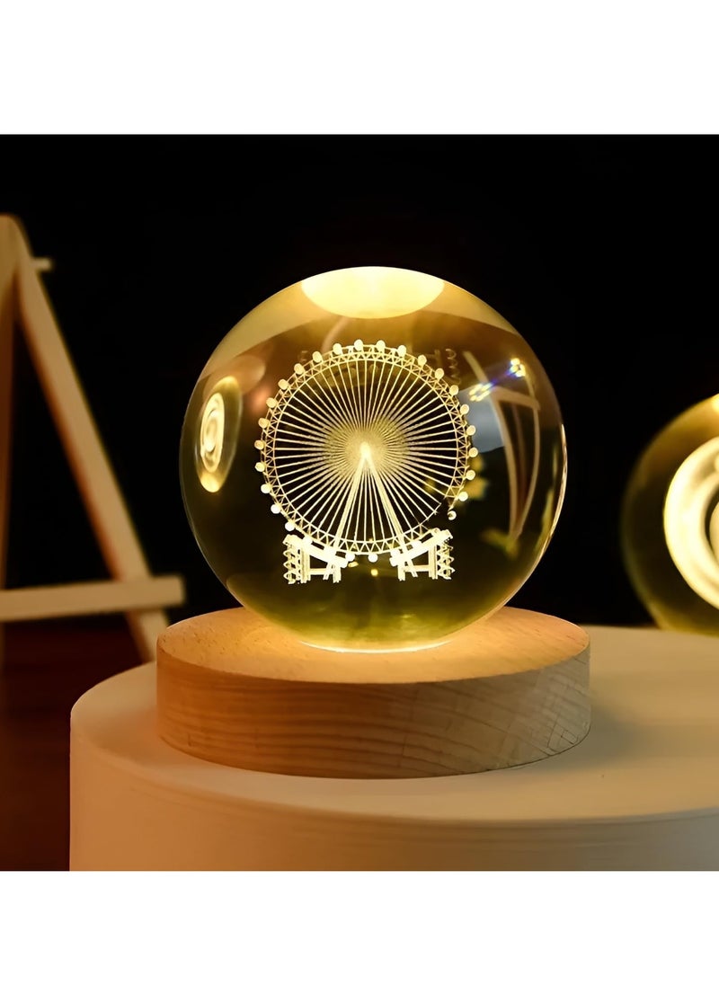 Plan A - 3D Crystal Crystal LED Light Up Crystal with Elegant Wooden Base, USB Powered Gift or Night Lamp for Desk and Table, Warm Light and Quiet Atmosphere (Rotating Wheel) - Image 1