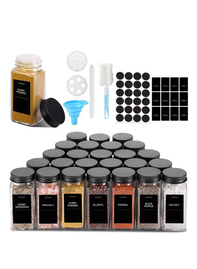Glass Food Storage Containers - 120ml Square Glass Spice Jars Set (24-Pack) with Black Airtight Lids, Includes Funnel, Brush, Labels & Pen - Image 1