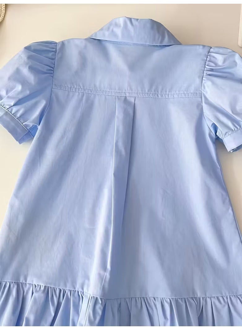 Summer Dress for Girls with a School Style, Featuring a Collared Shirt Design And Embroidered Bunnies - Image 5