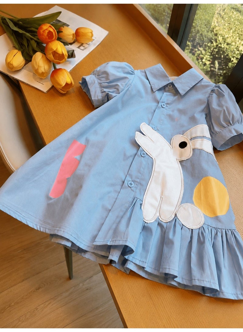 Girls' School Style Summer Dress with Collared Shirt Design and Embroidered Bunny Detail, Casual Dress for Daily Wear and Special Occasions - Image 1