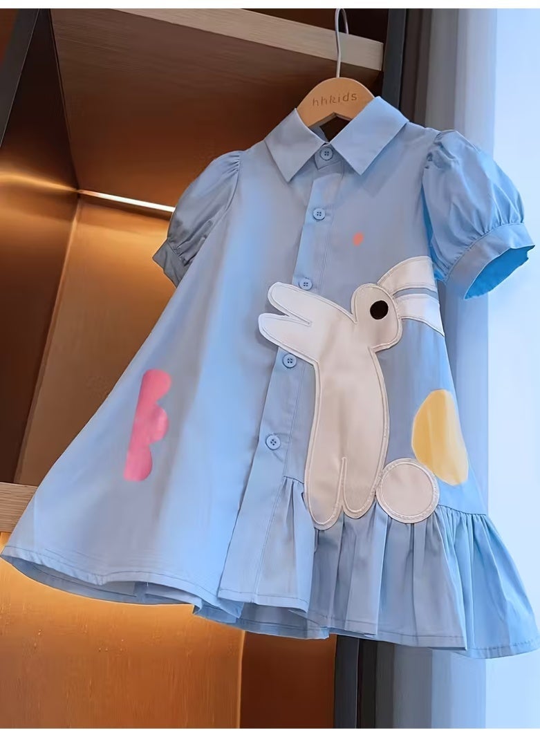 Girls' School Style Summer Dress with Collared Shirt Design and Embroidered Bunny Detail, Casual Dress for Daily Wear and Special Occasions - Image 2