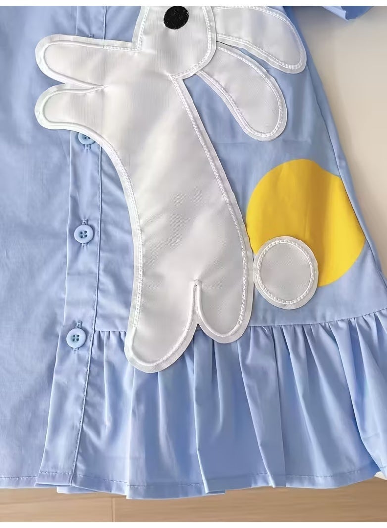 Girls' School Style Summer Dress with Collared Shirt Design and Embroidered Bunny Detail, Casual Dress for Daily Wear and Special Occasions - Image 5