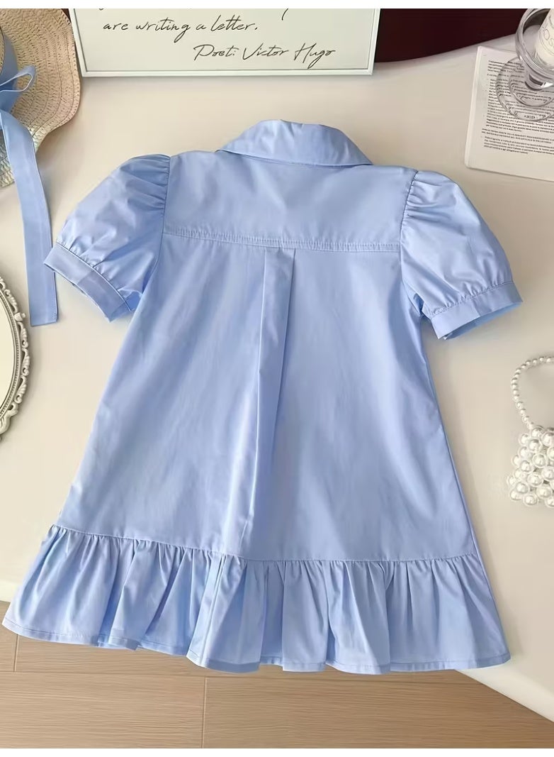 Girls' School Style Summer Dress with Collared Shirt Design and Embroidered Bunny Detail, Casual Dress for Daily Wear and Special Occasions - Image 4