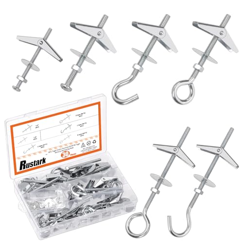 Rustark 30Pcs M4 M6 Toggle Bolts Assortment Kit Toggle Anchors Spring Toggle Wing Bolts Heavy Duty Eye Bolt and Ceiling Hooks Butterfly Toggle Anchors for Drywall Hanging Plants - Image 1