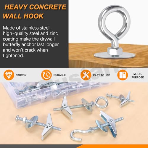 Rustark 30Pcs M4 M6 Toggle Bolts Assortment Kit Toggle Anchors Spring Toggle Wing Bolts Heavy Duty Eye Bolt and Ceiling Hooks Butterfly Toggle Anchors for Drywall Hanging Plants - Image 3