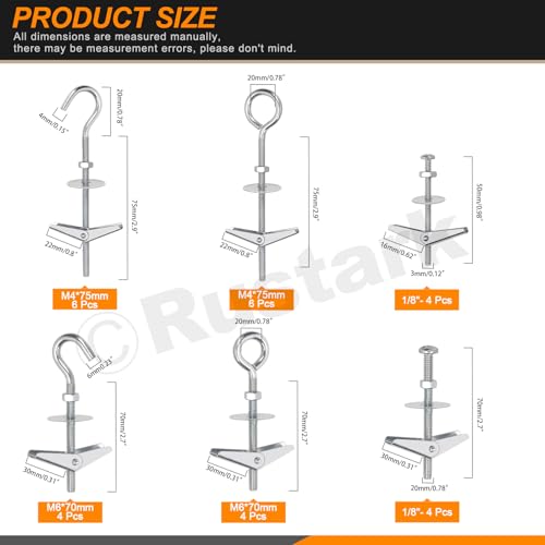Rustark 30Pcs M4 M6 Toggle Bolts Assortment Kit Toggle Anchors Spring Toggle Wing Bolts Heavy Duty Eye Bolt and Ceiling Hooks Butterfly Toggle Anchors for Drywall Hanging Plants - Image 2