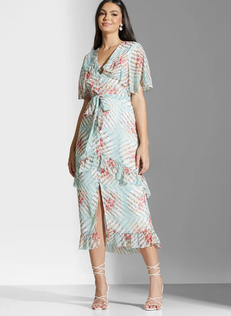 Hope & Ivy Floral Belted Ruffle Dress