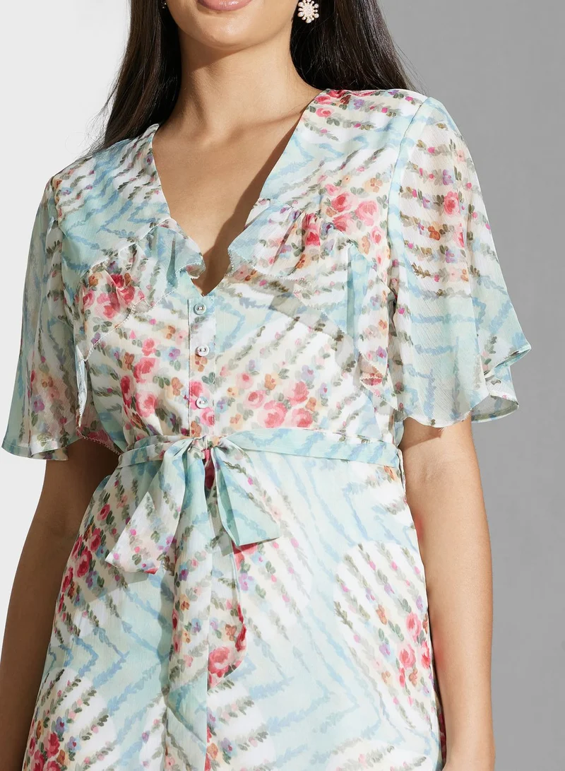 Hope & Ivy Floral Belted Ruffle Dress