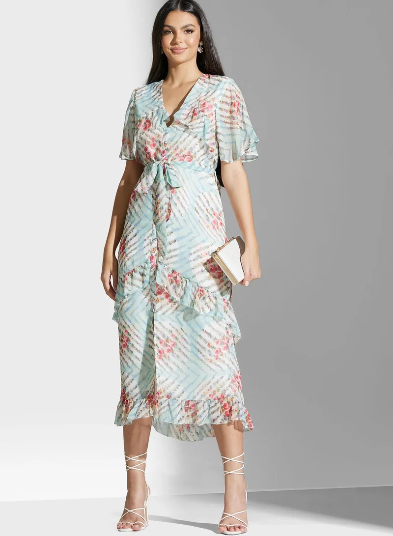 Hope & Ivy Floral Belted Ruffle Dress