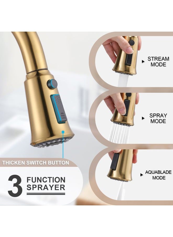 WOWOW Gold Single Handle High Arc Stainless Steel Faucet with Pull Down Sprayer for Sink 2 or 4 Hole, Pull Out Kitchen Faucet with Deck Plate & 3 Functions - Image 4