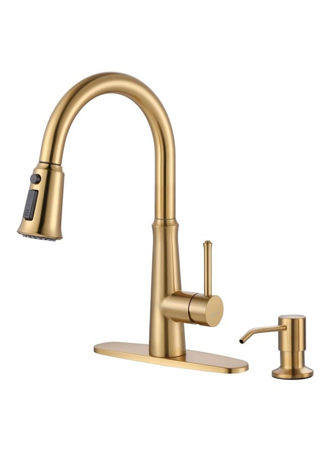 WOWOW Gold Single Handle High Arc Stainless Steel Faucet with Pull Down Sprayer for Sink 2 or 4 Hole, Pull Out Kitchen Faucet with Deck Plate & 3 Functions - Image 1