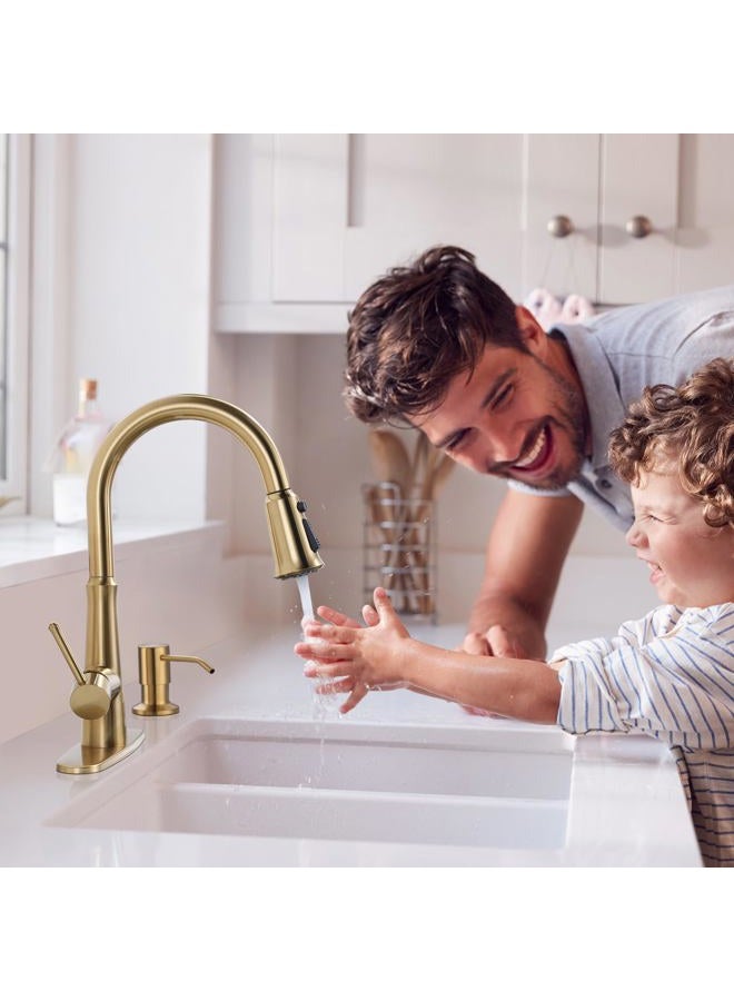 WOWOW Gold Single Handle High Arc Stainless Steel Faucet with Pull Down Sprayer for Sink 2 or 4 Hole, Pull Out Kitchen Faucet with Deck Plate & 3 Functions - Image 2