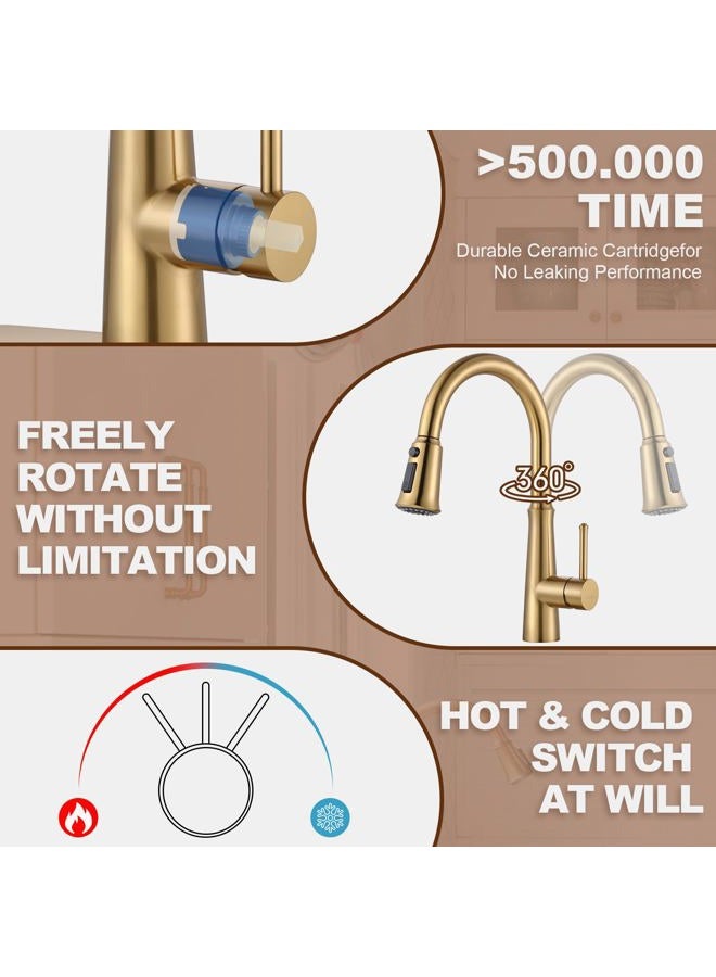 WOWOW Gold Single Handle High Arc Stainless Steel Faucet with Pull Down Sprayer for Sink 2 or 4 Hole, Pull Out Kitchen Faucet with Deck Plate & 3 Functions - Image 5