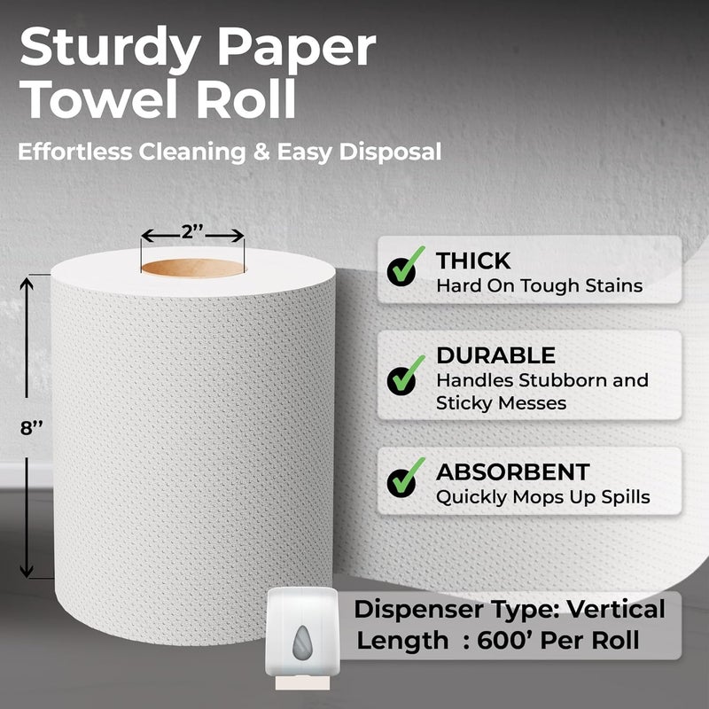 RestaurantwarePaper Towel Roll 600 x 1 Roll Long Paper Towel 8 Wide Hand Towel Roll 1 Ply Universal Dispenser 2 Core Hardwound High Absorbency Everyday Use For Commercial Washroom White - Image 2