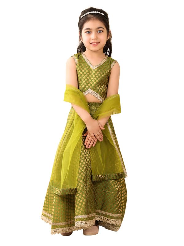 superminis Girls Brocade Readymade Sleeveless Emebelished with Lace Lehenga Choli with Net Dupatta Set (7-8 Years, Green) - Image 1