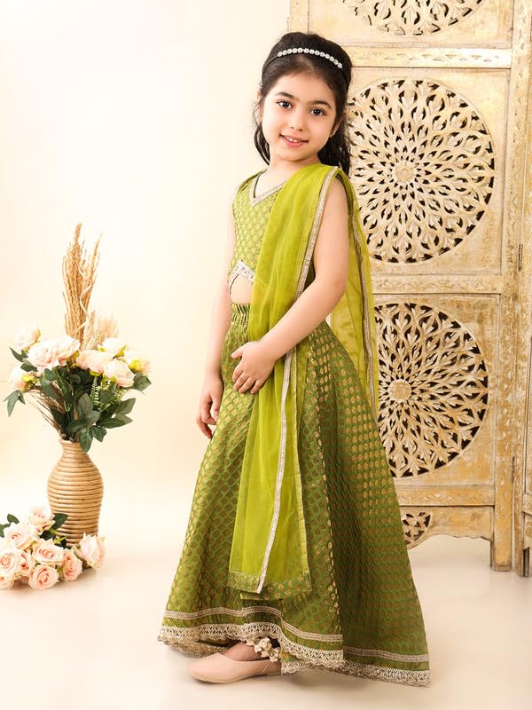 superminis Girls Brocade Readymade Sleeveless Emebelished with Lace Lehenga Choli with Net Dupatta Set (7-8 Years, Green) - Image 4