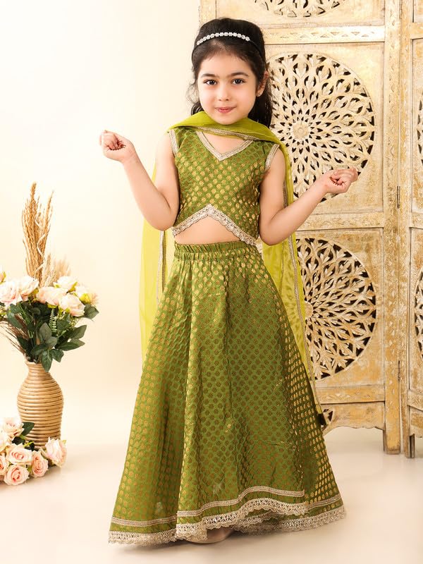 superminis Girls Brocade Readymade Sleeveless Emebelished with Lace Lehenga Choli with Net Dupatta Set (7-8 Years, Green) - Image 2