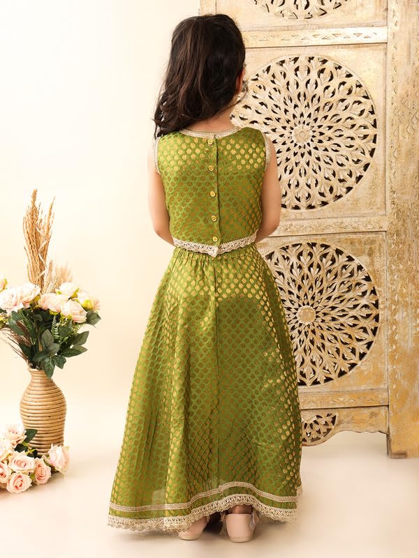 superminis Girls Brocade Readymade Sleeveless Emebelished with Lace Lehenga Choli with Net Dupatta Set (7-8 Years, Green) - Image 3