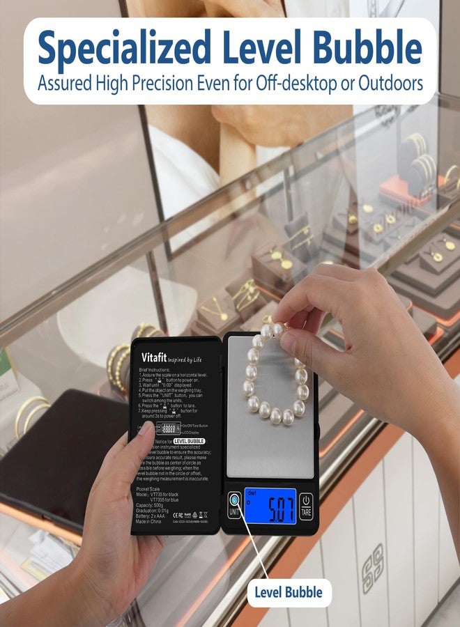 فيتافيت ميزان فيتافيت الرقمي 500 غرام بدقة 0.01 غرام، دقة عالية مضمونة بفضل ميزان الفقاعة المدمج، ميزان احترافي منذ عام 2001، ميزان جيب متعدد الاستخدامات: للمطبخ، الطعام، المجوهرات، المختبر، القهوة، أسود - Image 2