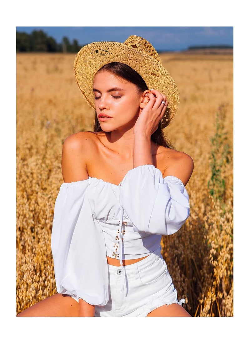 KASTWAVE - Straw Western Cowboy Hat for Women Men, Summer Wide Brim Cowgirl Hat Beach Adults Sun Hat for Travel Hiking Outdoor, 2 Pcs - Image 1