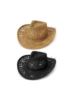 Straw Western Cowboy Hat for Women Men, Summer Wide Brim Cowgirl Hat Beach Adults Sun Hat for Travel Hiking Outdoor, 2 Pcs