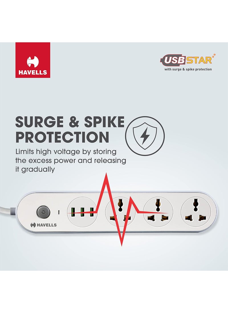 Havells Havells USB Star 15mtr 3 USB 31 3pin 240v6A Extension Board  - Image 4