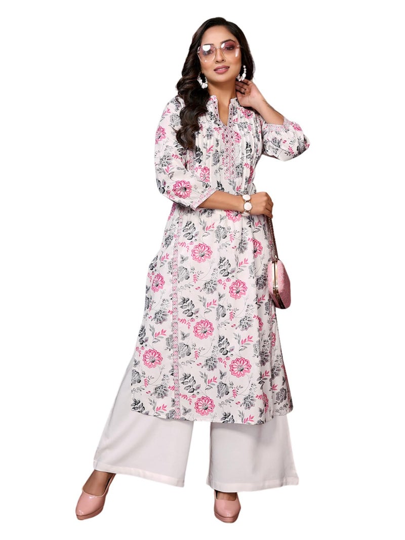 rangita Pink Cotton Calf Length Embroidered A-Line Kurti | Kurta for Women_M - Image 1
