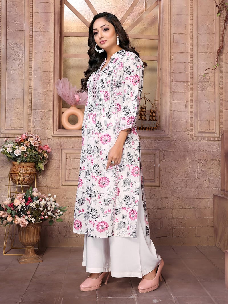 rangita Pink Cotton Calf Length Embroidered A-Line Kurti | Kurta for Women_M - Image 3