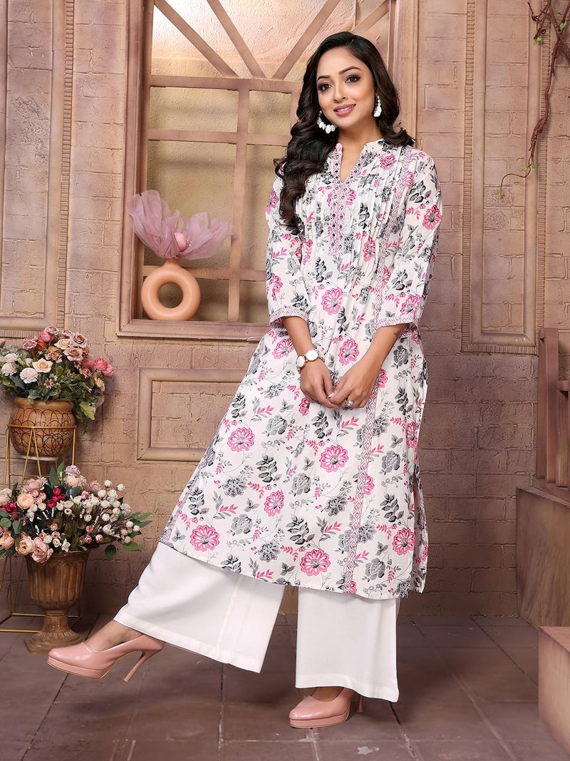 rangita Pink Cotton Calf Length Embroidered A-Line Kurti | Kurta for Women_M - Image 5