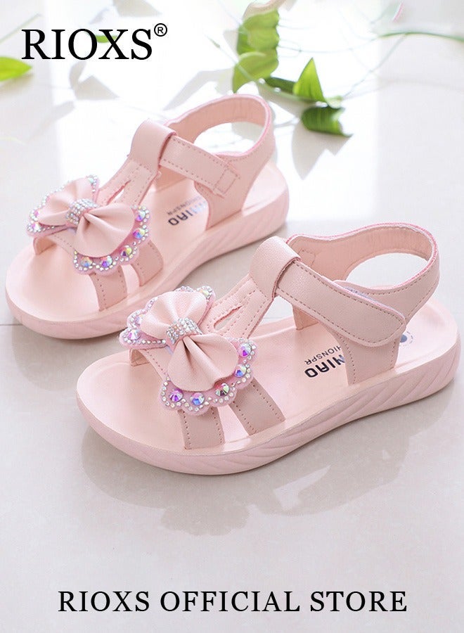 RIOXS Girls' Flat Sandals, Little Princess Floral Sandals, Fashion Bow Little Girls Flat Sandals, Kids' Open Toe Summer Flat Dress Shoes, Non-Slip Soft Sole Casual Sandals, Lightweight Butterfly Walking Sandals, Summer Sandals for Little/ Big Kids, Flower Girls Shoes for Wedding/ Party/ School/ Daily Wear, Stylish Vacation Sandals, Girls Footwear Pink - Image 5