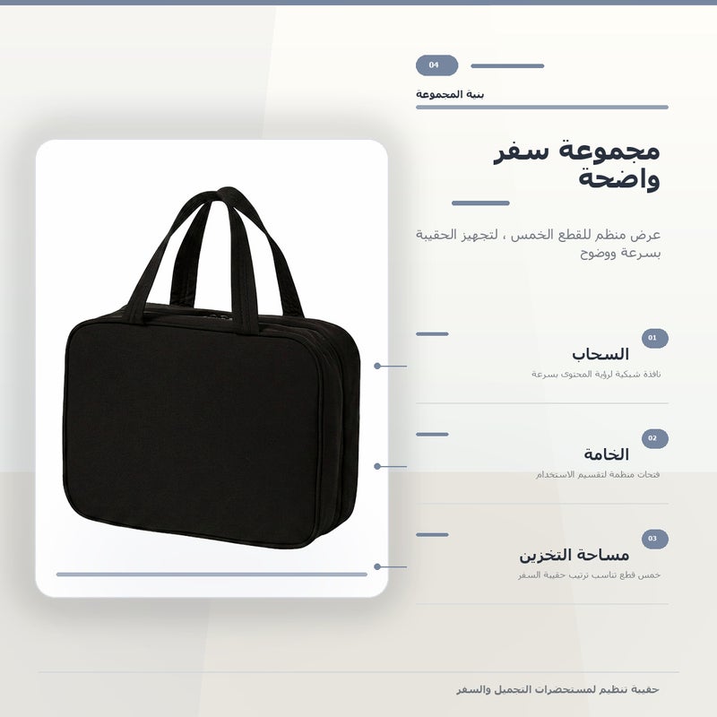 حقيبة مستحضرات تجميل بمقبض حمل وبخطاف تعليق وتنظيم عملي لـ المكياج وأدوات التجميل والتخزين اليومي أثناء السفر باللون أسود مع مقبض - Image 5
