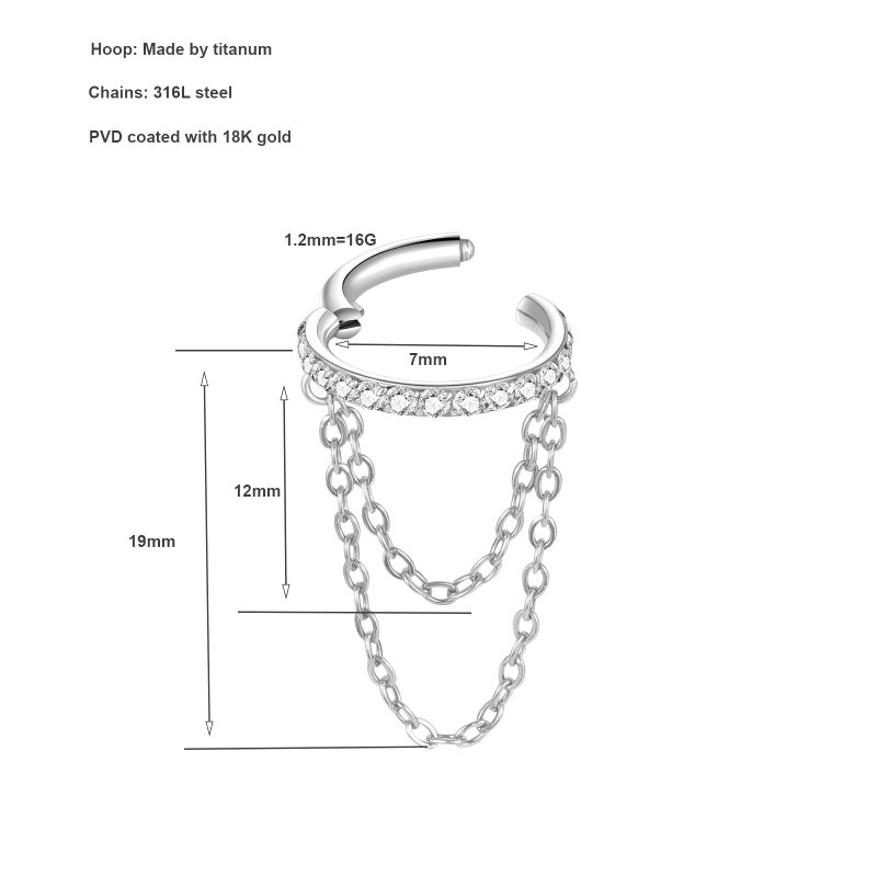 ENONTY 16G Titanium Cartilage Earrings Hoop 7mm 9mm Helix Piercing Jewelry with Single/Double/Triple Chains Hypoallergenic Hinged Clicker (new-polish 2 chanis 7mm) - Image 2