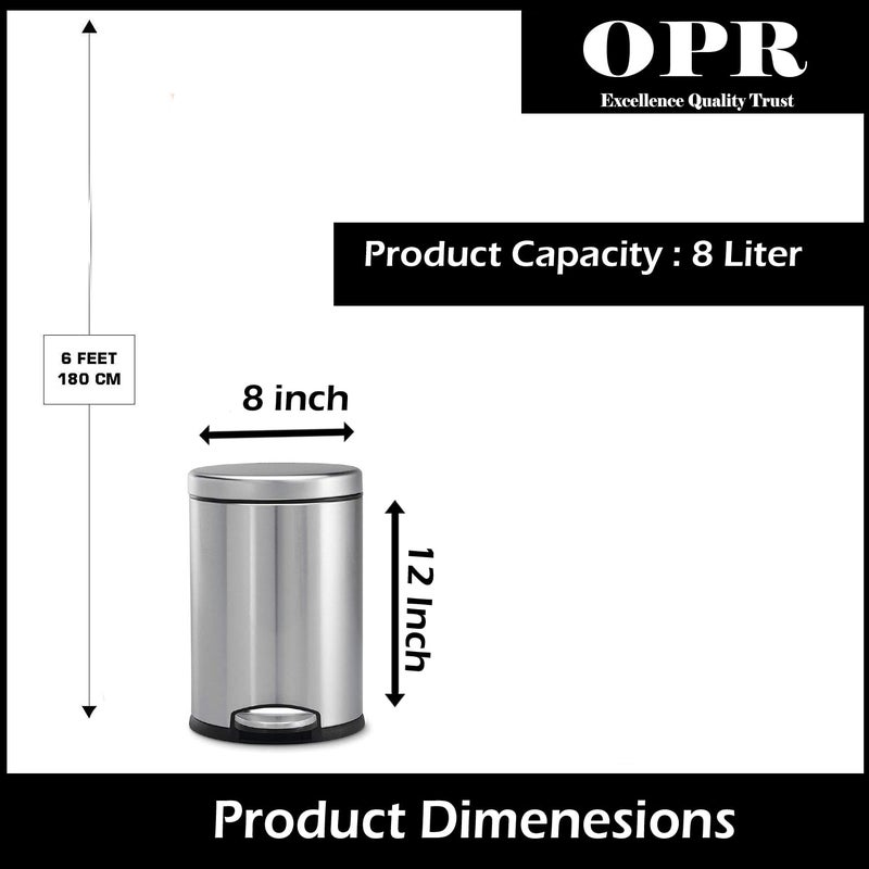 OPR 8 Ltr Stainless Steel Plain Pedal Dustbin with Lid And Bucket Trash Can Round Shape Dustbin for Home Bathroom Outdoor Indoor Kitchen Bedroom Office With Lid 8 13 Inches 8 Litres - Image 4