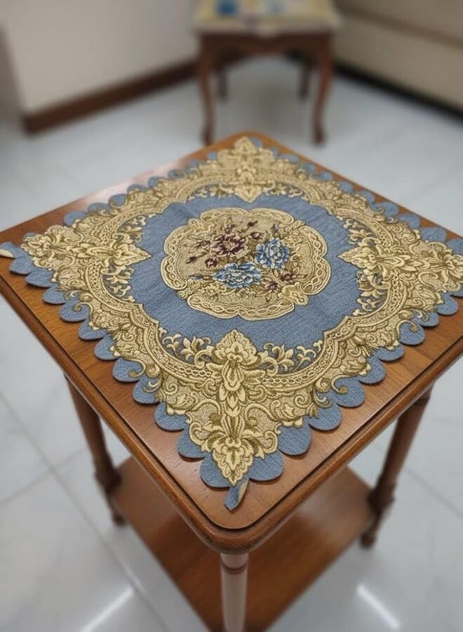 Generic Decorative Tablecloth with Embroidered Floral Design,(grey and Gold), 95x95 cm, Multi-Purpose .flo