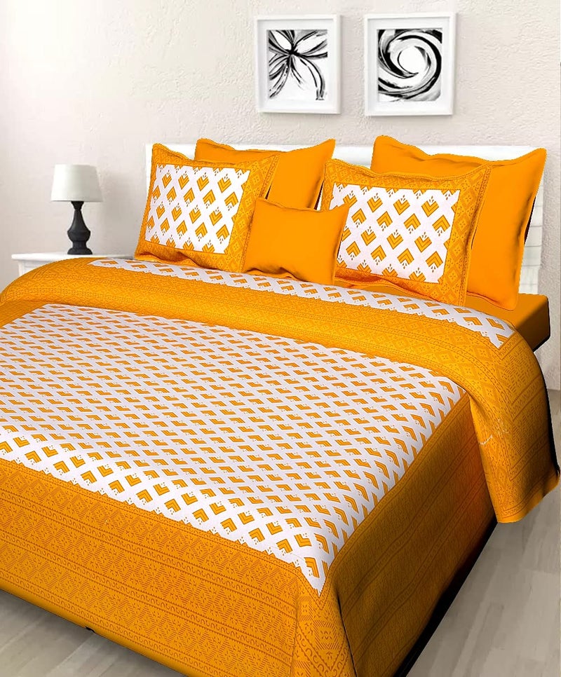 Meejoya 100 Cotton Rajasthani Jaipuri Traditional King Size Double Bed Bedsheet with 2 Pillow Covers Yellow Jaipuri Bedsheet05 - Image 1