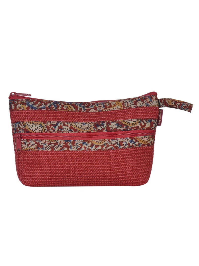 Jute Cottage Eco-Friendly Dobby Kalamkari Pouch 2 Zip Small Red Jute - Image 1