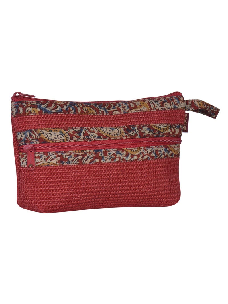 Jute Cottage Eco-Friendly Dobby Kalamkari Pouch 2 Zip Small Red Jute - Image 2